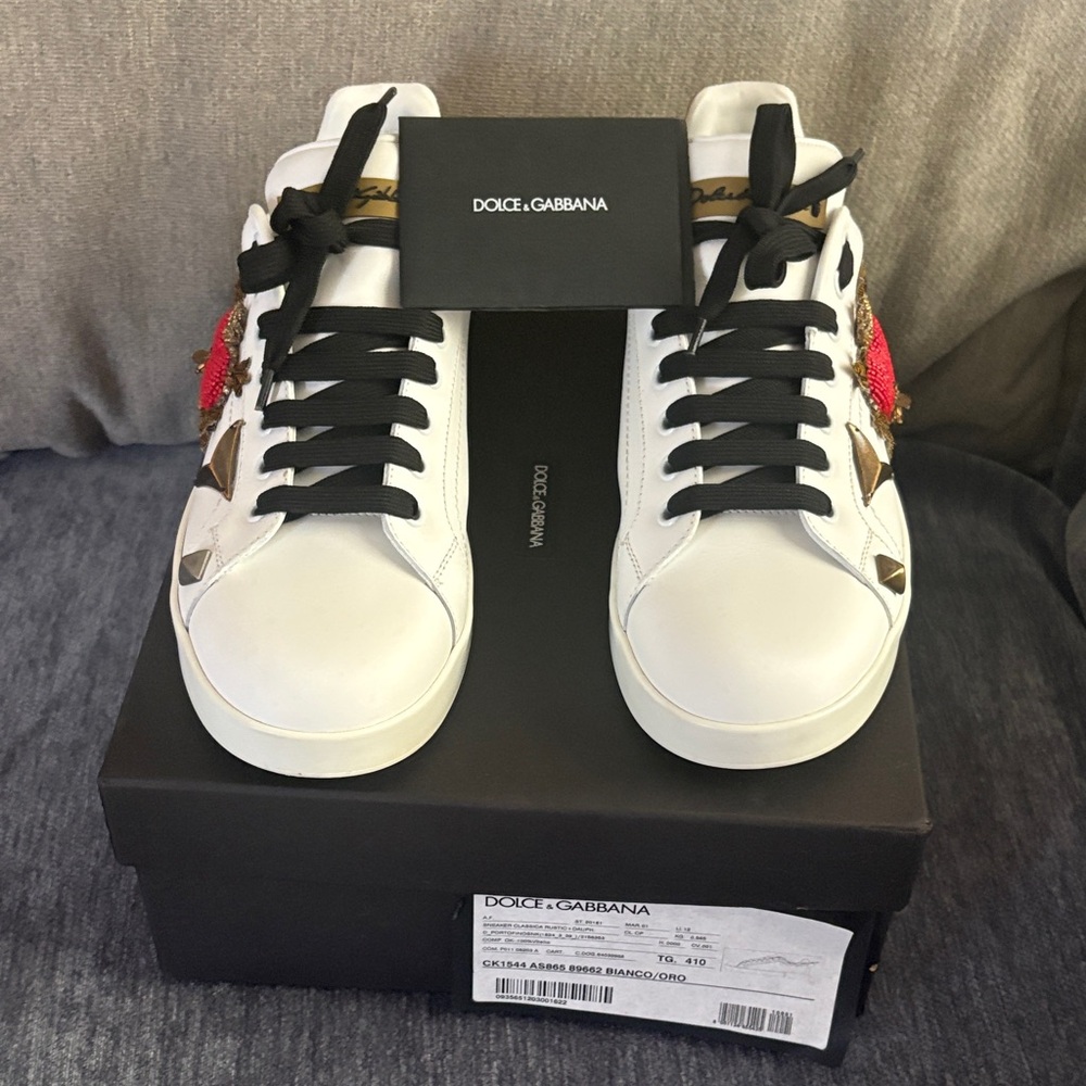 Dolce & Gabbana White and Black Embellished Sneakers
